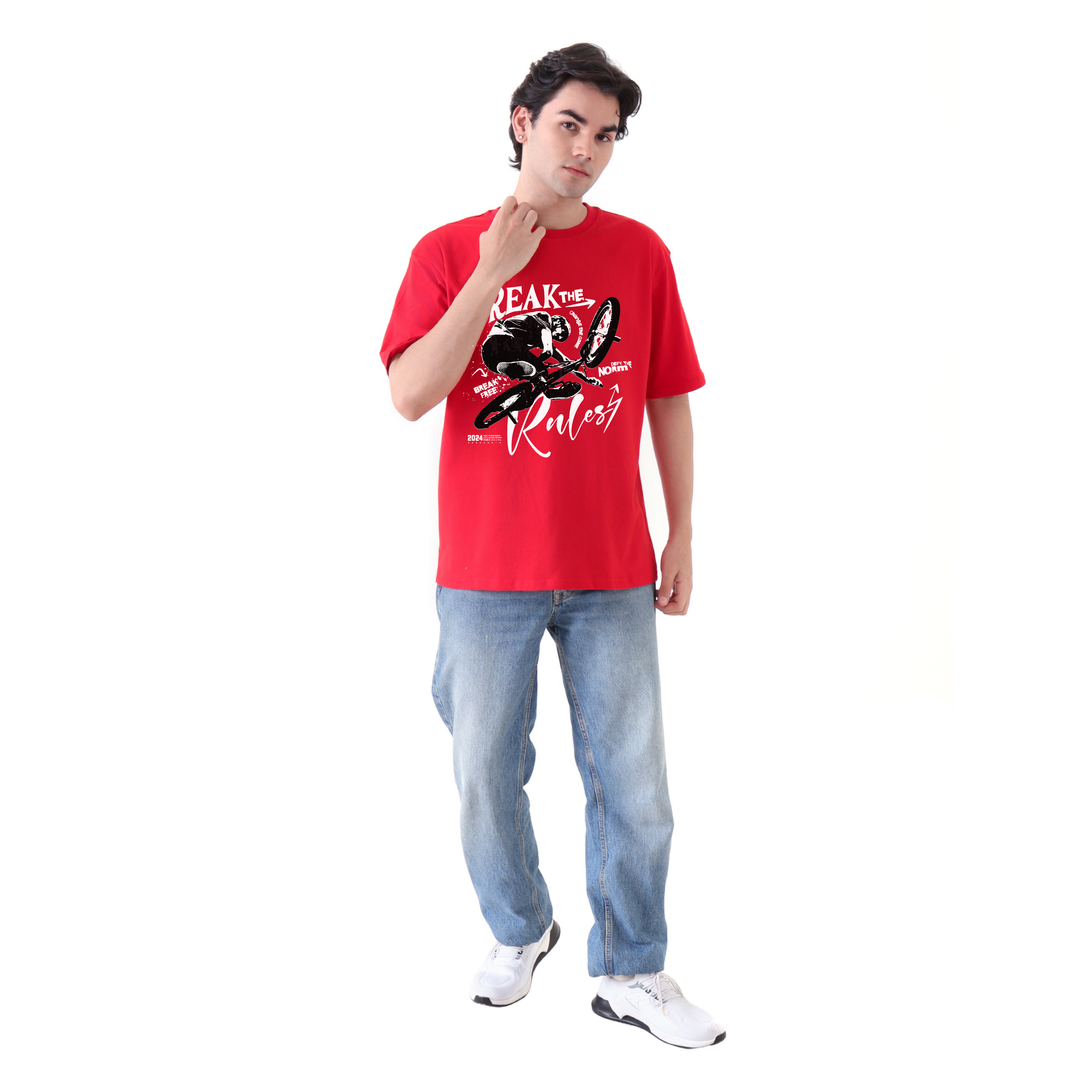Oversized red T-shirt with break rule print